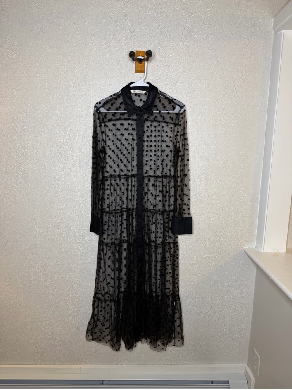 Zara Black Sheer Polka-Dot Tiered Maxi Shirt Dress - Picture 3 of 9